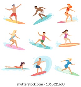 People on the surf board. Surfing. Surfboard and water drops. Surfers men and women riding on the waves. Surfer set. Summer surface water sport. Isolated vector illustration