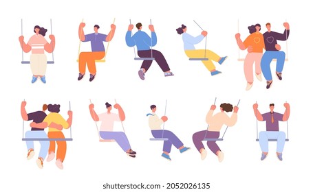 People on swing. Adults swinging, couple swings sitting. Romantic dating, isolated cartoon person in love. Flat dreaming utter vector characters