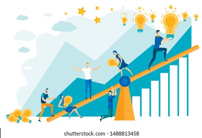 People on Swing or Scales Working Together to Achieve Goal Cartoon Flat Vector Illustration. Generating Ideas. Teamwork on Project. Person Hanging Light Bulbs on Sky among Stars. Woman Helps.