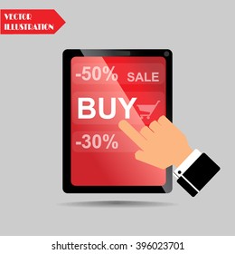 People on tablet buy on sale.  Business, online shopping, payment, delivery, shipping process, sales, black friday flat illustration.