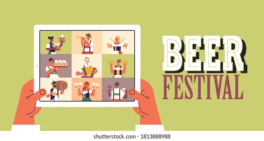 people on tablet screen celebrating Oktoberfest party beer festival online communication concept mix race friends discussing during video call portrait horizontal vector illustration