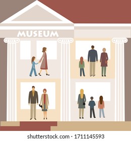 people on tour in the Museum. groups of people, adults and children. inscription on the facade of the Museum. a drawing in the style of the cartoon. stock vector illustration. EPS 10.