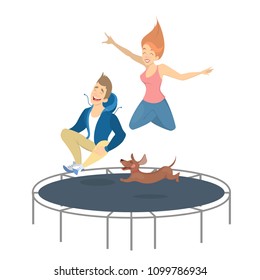 People on trampoline jumping with dog on white.