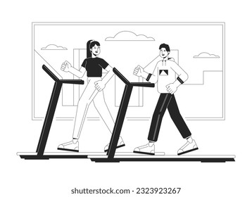 People on treadmill bw concept vector spot illustration. Sportsmen in gym 2D cartoon flat line monochromatic character for web UI design. Healthy lifestyle editable isolated outline hero image