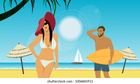 People on tropical beach vector illustration. Summer seascape. Woman in bikini and man with surfboard sunbathing on the beach.
