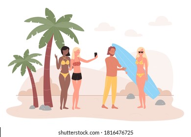 People on tropical sea beach flat vector illustration. Cartoon happy friend characters spend fun time outdoor on summer seaside tropics, take selfies, communicate. Summertime leisure isolated on white