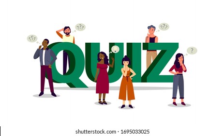 People on the TV quiz show. People standing in doubt with big question mark sign. FAQ or question and answer concept