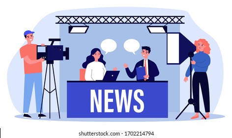 People on TV studio making news flat vector illustration. Backstage crew with cameras shooting desk with newscasters. Show and social media concept