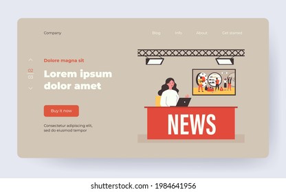 People on TV studio making news flat vector illustration. Backstage crew with cameras shooting desk with newscasters. Show and social media concept