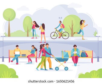 People on urban street. People with bicycles in city park, walking on the street, photography selfie, running, talk phone, listen to music. Mobile internet technology lifestyle cartoon vector