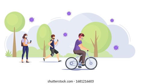 People on urban street. People with bicycles in city park, walking on the street, running, talk phone. Outdoor walks during the quarantine period. Coronavirus pandemic COVID-19 concept