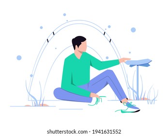 People are on vacation and adventure. Man sitting near the tent outside the room. Camping holidays. Vector illustration.