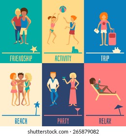 People on vacation design concept set with friendship activity relax trip beach party symbols isolated vector illustration