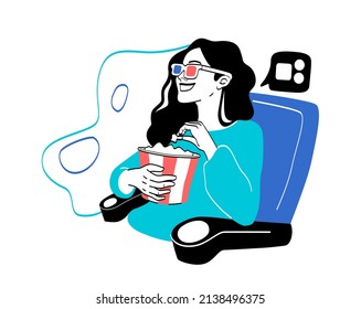 People on vacation. Girl sitting in cinema with popcorn. Character went to see new movie over weekend. Woman smiling wearing 3d glasses. Modern entertainment. Cartoon flat vector illustration