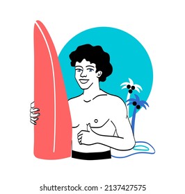 People on vacation. Guy with surfboard standing on beach. Friendly character, active lifestyle and extreme sports and entertainment. Exotic country or island. Cartoon flat vector illustration