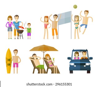 people on vacation icons set.  travel, journey, beach or barbecue signs. vector illustration