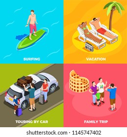 People on vacation isometric design concept beach holiday surfing traveling by car family trip isolated vector illustration