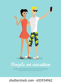People on vacation with mobile device banner. Couple making selfie on the rest. Man and woman in love taking pictures on smartphones. Happy tourists on the journey. Vector illustration in flat style.