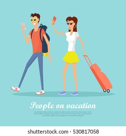 People on vacation with mobile devices banner. Couple with suitcases going on the rest. Couple in love taking pictures on smartphones. Happy tourists on the journey. Vector illustration in flat style.