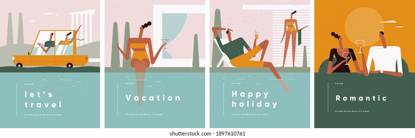 People on vacation. Summer vacation, travel and vacation by the sea. The girl at the pool. A couple in the car. Poolside couple. Romantic dinner. Vector set illustration in flat cartoon style.