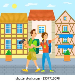 People on vacation vector, couple traveling together, walking along old city streets. Summer holiday, relaxation and sightseeing. Buildings design