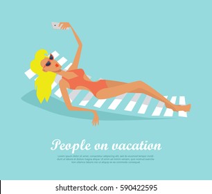 People on vacation. Woman lying on deck chair making selfie. Fashionable woman with red lips resting near the pool or seaside banner. Summer beach sunbed lounger chair with girl. Vector in flat style