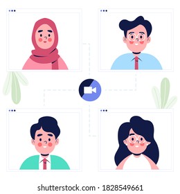People on video call with friends from home. Flat design vector illustration