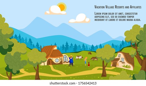 People on village vacation vector illustration. Cartoon flat happy family villager characters spending time together near countryside houses, farm with cows in green summer mountain farmland landscape