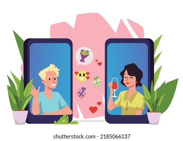 People on virtual date with video chat, long distance relationship concept, flat vector illustration on white. Happy cartoon characters chatting. Cute couple in love.
