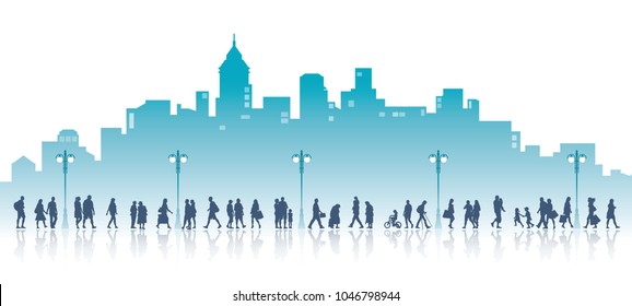 People on a walk, the city with high buildings in the background. Families, couples, kids and elderly people.