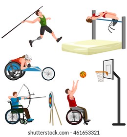 people on wheelchair disabled sport activity isolated icon, invalid playing athletic game pictogram vector illustrations, handicapped woman doing exercise and become champion 