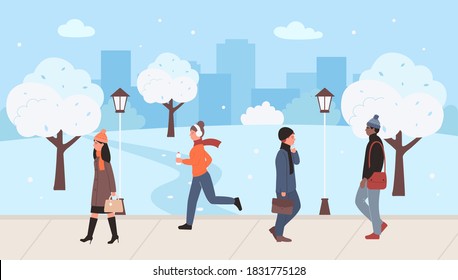 People on winter city street vector illustration. Cartoon flat snowy cityscape with modern skyscrapers, walking or running man woman characters wearing winter clothes, snow on street road background