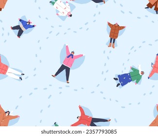 People on winter holiday, seamless pattern. Happy men, women, kids making snow angels, endless background. Snowy vacation fun, repeating print. Colored flat vector illustration for textile, wrapping