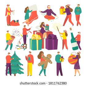 People on winter holidays, Christmas season of gifts isolated vector illustrations set. Man,woman and kids hold xmas gift. Smiling happy girl on presents boxes. Lights and presents.