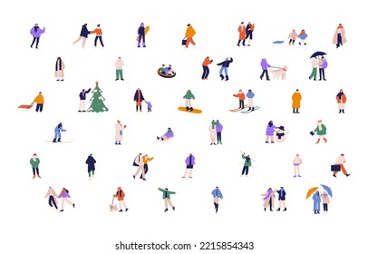 People on winter holidays set. Active characters during wintertime fun, entertainments. Couples, families and kids skating, skiing, walking. Flat vector illustrations isolated on white background