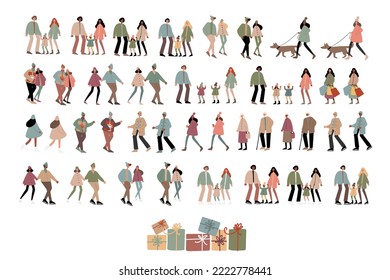 People on winter market vector illustration in flat style, girl, guy, couple, family, men, woman, child, elderly people, old people, parents, children in Christmas city clipart