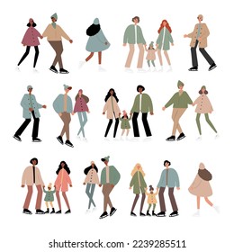 People on winter market vector illustration in flat style, girl, guy, couple, family, men, woman, child, elderly people, old people, parents, children in Christmas city clipart