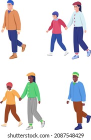 People on winter walk semi flat color vector character set. Posing figures. Full body people on white. Cold weather isolated modern cartoon style illustration for graphic design and animation bundle