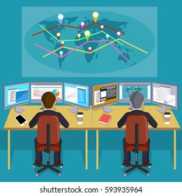 People on a workplace before the world map with indexes of the directions flat style a vector illustration.