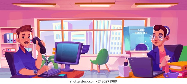 People on workplace. Office interior with desk cartoon design. Computer desk indoor building. Corporate cabinet graphic for employee character. Man with laptop and phone at workstation illustration