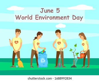 People on world environment day vector, team collecting garbage and watering plants in park, man and woman teamwork cleaning territory ecology changing