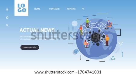 people on world map actual latest news about coronavirus pandemic global communication concept horizontal copy space full length vector illustration