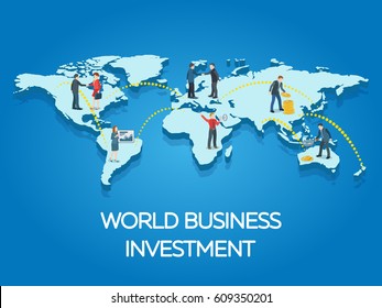 People on the world map. Business start-up work moments flat 3d banner. New ideas, search for investor, increased profits. Business situation. Vector illustration