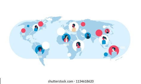 people on world map chat bubbles global communication teamwork connection concept avatar mix race man woman faces flat horizontal vector illustration