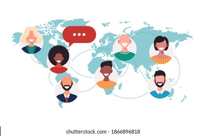 personas en el mapa mundial burbujas de chat global comunicación equipo conexión concepto avatar mezcla raza hombre mujer enfrenta ilustración horizontal plana