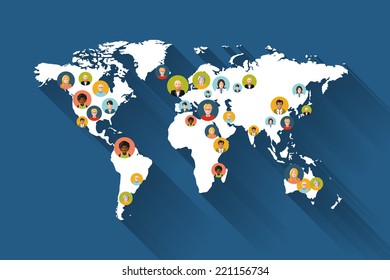 People On World Map Flat Illustration