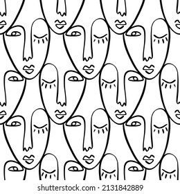 People one line drawing women faces seamless pattern. Vector lines modern fashion poster, minimalistic style. Female Portrait Endless Background. Glamour Abstract continuous linear art, t shirt print.