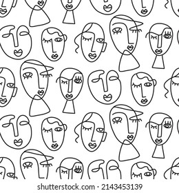 People one line drawing women faces seamless pattern. Vector lines modern fashion poster, minimalistic style. Female Portrait Endless Background. Glamour Abstract continuous linear art, t shirt print.