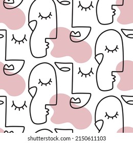 People one line drawing women faces seamless pattern. Vector lines modern fashion poster, minimalistic style. Female Portrait Endless Background. Abstract continuous linear art, t shirt print.