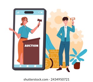 People with online auction. Man and woman at smartphone screen. Financial deals and agreements. Businessman with bid. Cartoon flat vector illustration isolated on white background